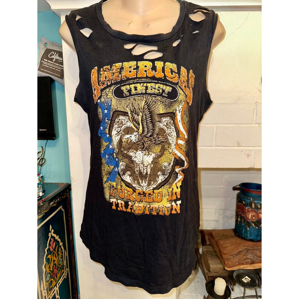 NWOT PROJECT SOCIAL DISTRESSED GRAPHIC BIKER EAGLE AMERICA BULL FLAG TANK TOP S